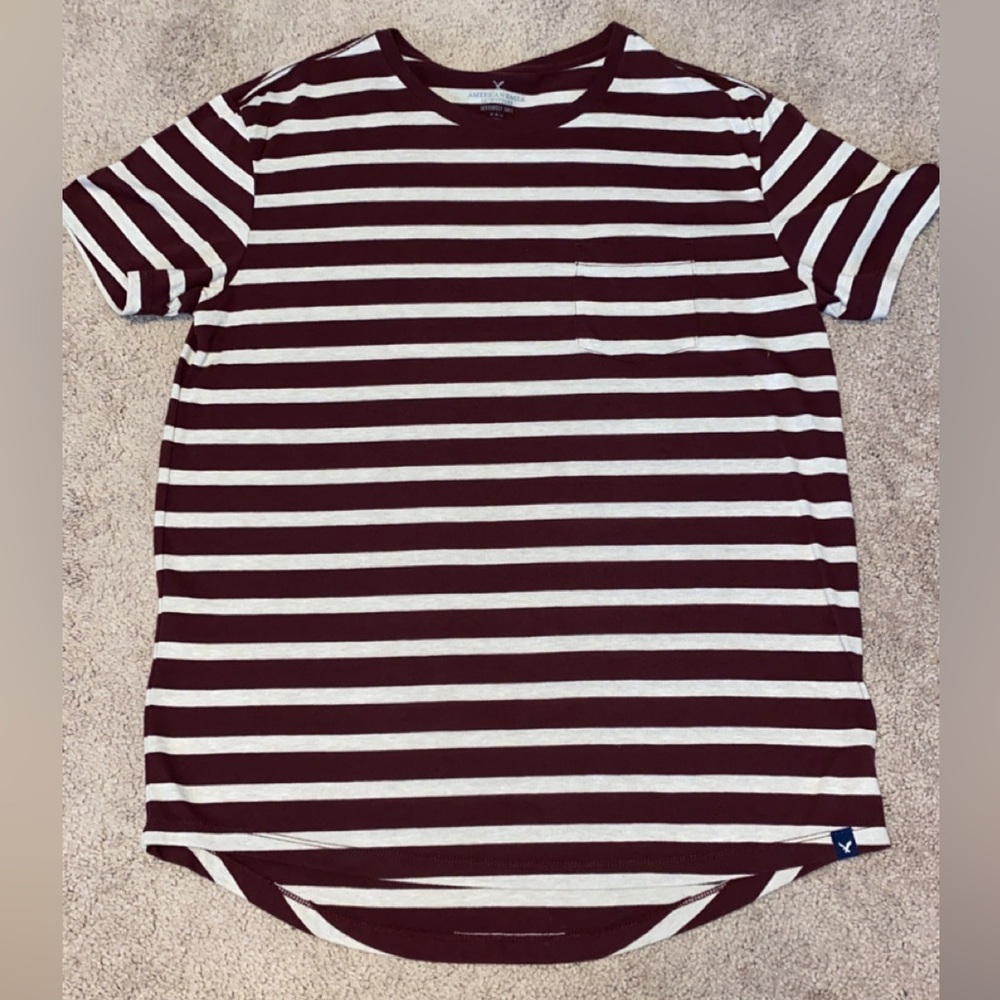 American Eagle Outfitters Maroon and Cream Striped Tee